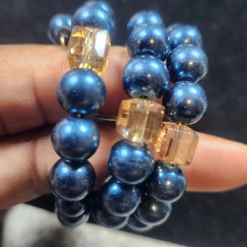 Blue glass Pearl and Amber Crystal Memory Wire Wrap Coil Bracelet